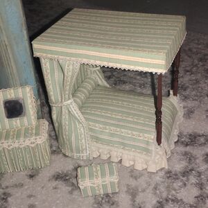 Elegant Green Striped Miniature Canopy Bed